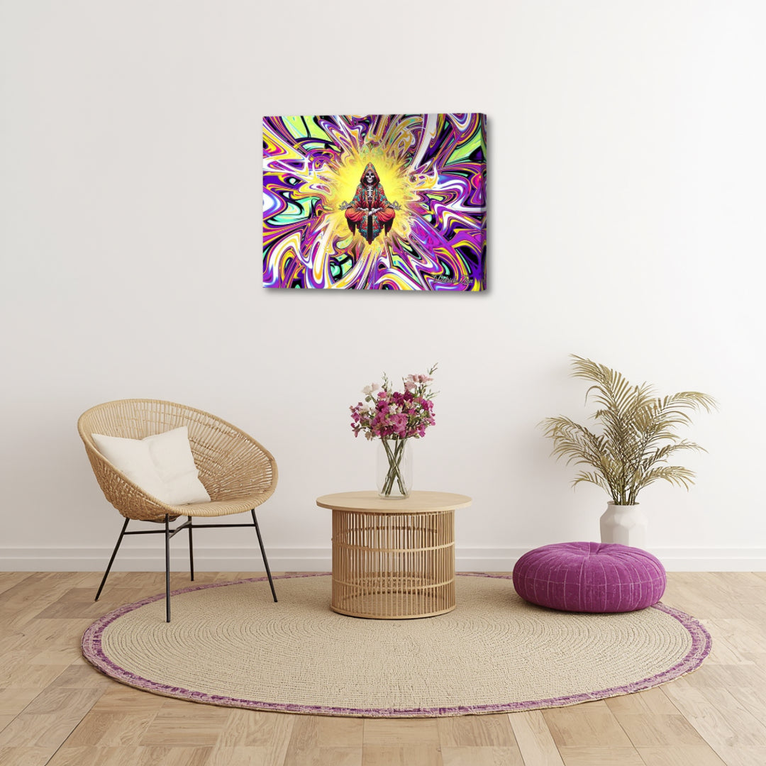 Rest in Peace by Patrick Zion in a calm boho-style interior, showing a peaceful skeletal figure in meditation surrounded by colorful psychedelic fractal patterns and light.