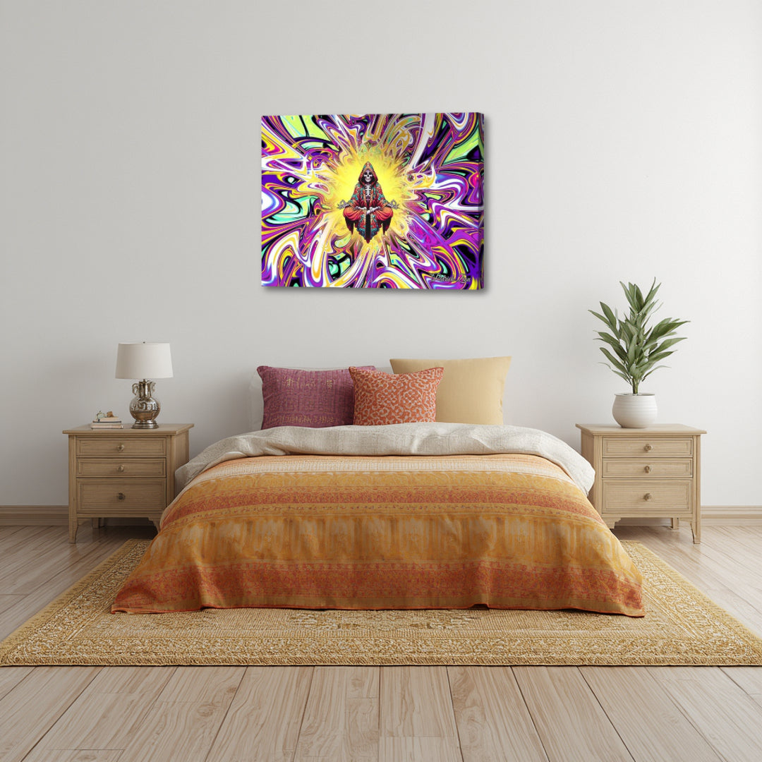 Rest in Peace by Patrick Zion above a cozy bedroom, illustrating a meditative skeletal form radiating light within intricate fractal designs symbolizing acceptance and inner peace.