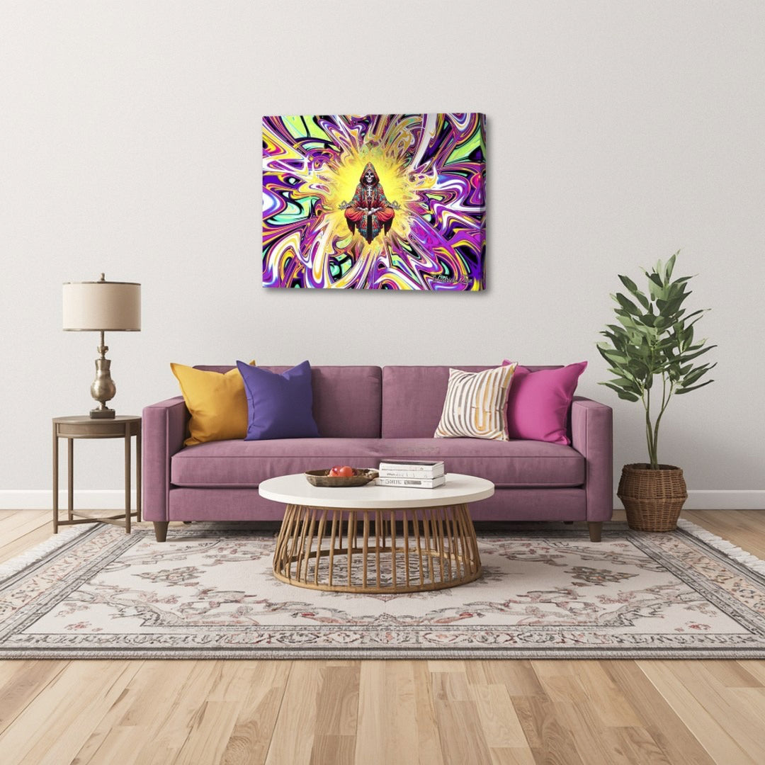 Rest in Peace by Patrick Zion displayed in a modern living room, featuring a meditative skeletal figure surrounded by radiant psychedelic fractal light symbolizing peaceful transcendence.