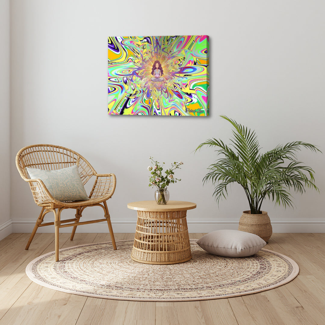 Serenity Swirl Lotus Meditator artwork by Patrick Zion styled in a boho-inspired space, with soft swirling fractal colors creating a tranquil and harmonious ambiance.