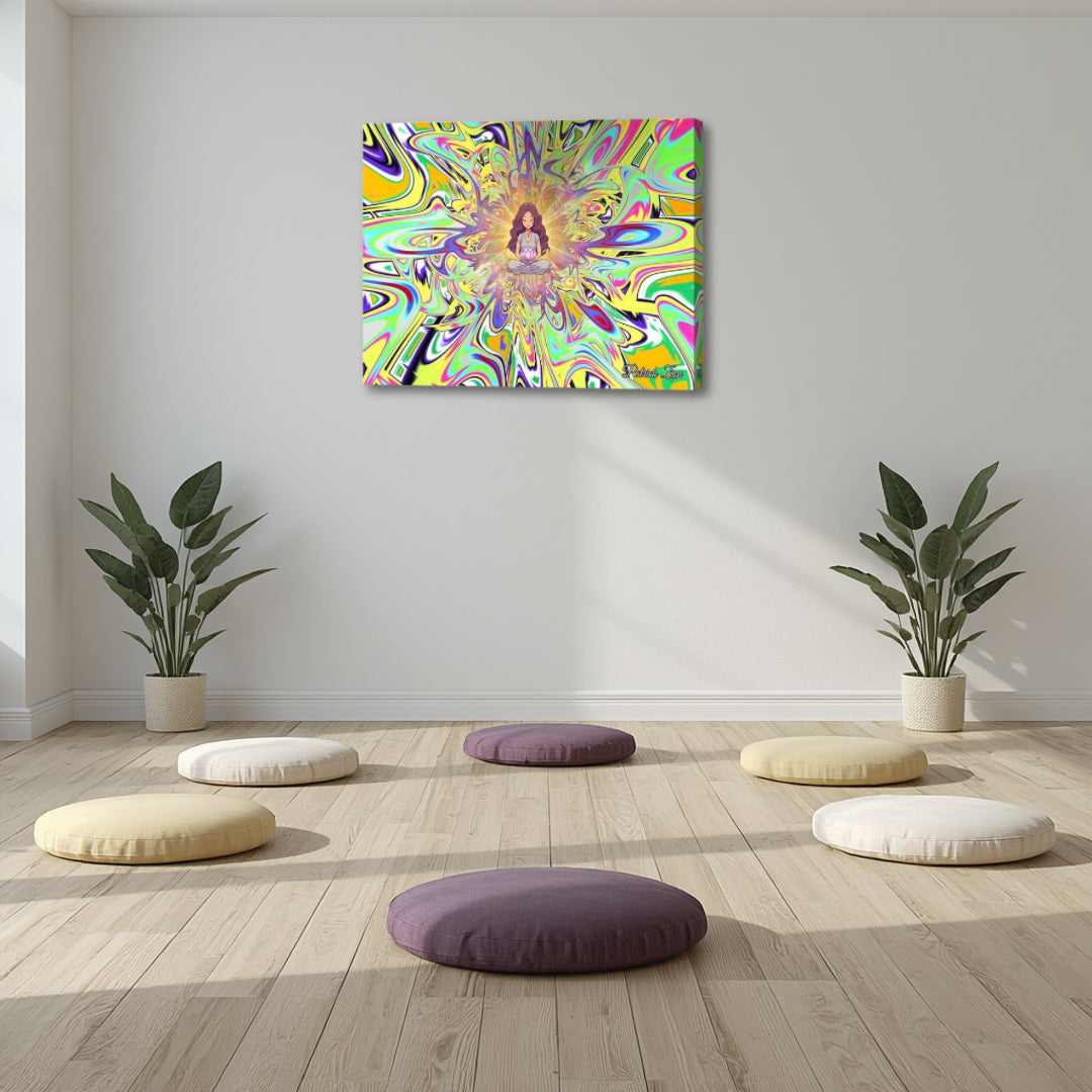 Serenity Swirl Lotus Meditator by Patrick Zion displayed in a peaceful meditation studio, featuring a glowing lotus-centered figure surrounded by flowing psychedelic fractal patterns.