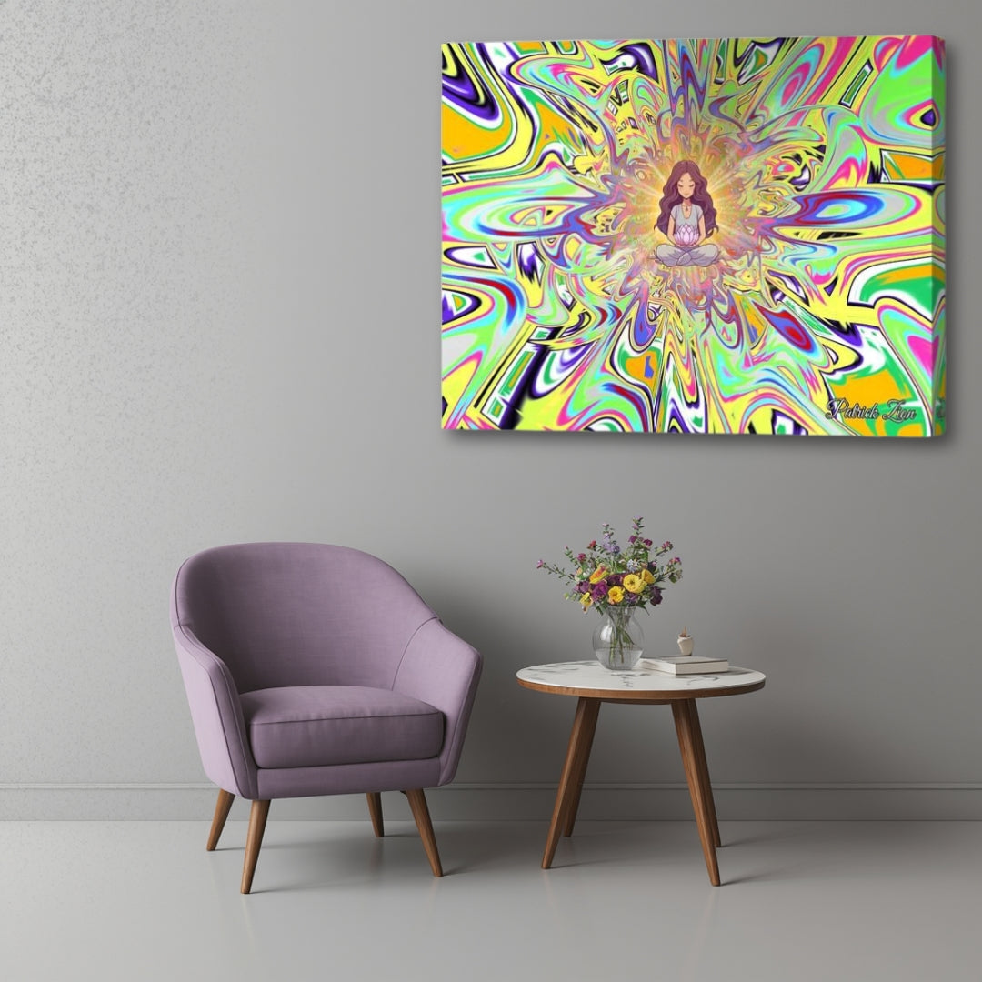 Serenity Swirl Lotus Meditator – spiritual psychedelic canvas artwork by Patrick Zion displayed in a calm modern interior with an up-close perspective, featuring a peaceful lotus meditator surrounded by radiant pastel fractal waves, luminous energy patterns, and flowing multidimensional abstractions.