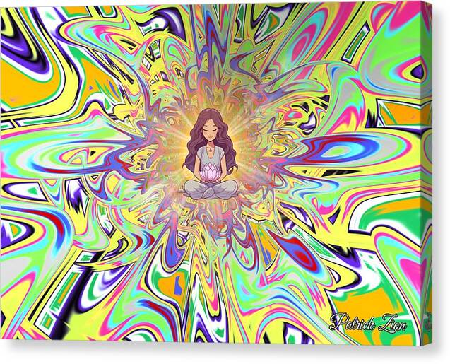Serenity Swirl Lotus Meditator – visionary art by Patrick Zion, mirrored edge version expressing mindfulness and inner peace as a meditating woman sits within a radiant fractal bloom of luminous color.