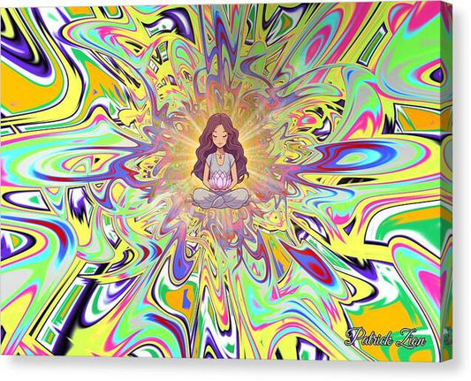 Serenity Swirl Lotus Meditator – visionary art by Patrick Zion, mirrored edge version expressing mindfulness and inner peace as a meditating woman sits within a radiant fractal bloom of luminous color.