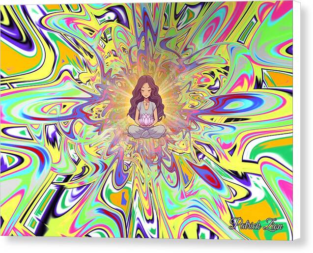 Serenity Swirl Lotus Meditator – vibrant abstract fractal canvas print by Patrick Zion, white edge version depicting a serene female figure in lotus pose radiating tranquility through colorful waves of psychedelic light.