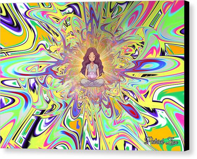 Serenity Swirl Lotus Meditator – psychedelic fractal art by Patrick Zion, black edge version featuring a peaceful meditating woman surrounded by swirling rainbow patterns symbolizing calm energy and spiritual harmony.