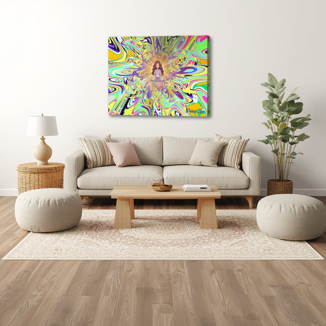 Serenity Swirl Lotus Meditator by Patrick Zion featured in a modern living room, where colorful flowing fractal forms bring a soothing yet expressive visual presence.
