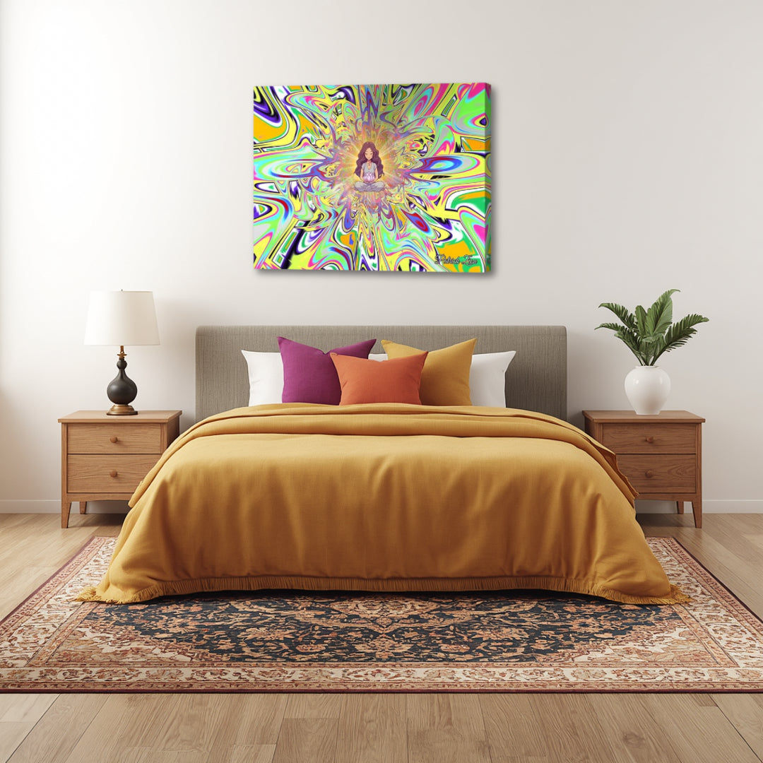 Serenity Swirl Lotus Meditator by Patrick Zion above a cozy bedroom, showcasing vibrant yet calming fractal energy radiating from a centered meditative figure.