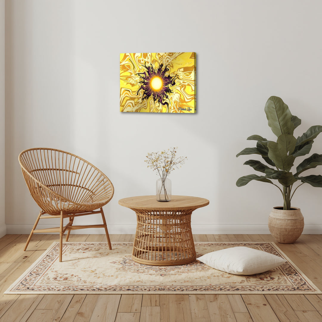 Solar Flare Essence – abstract fractal canvas art by Patrick Zion displayed in a warm, earthy living room setting with natural textures, featuring a radiant sun-like center surrounded by flowing golden patterns, creating a sense of warmth, vitality, and grounded energy within a minimalist interior.
