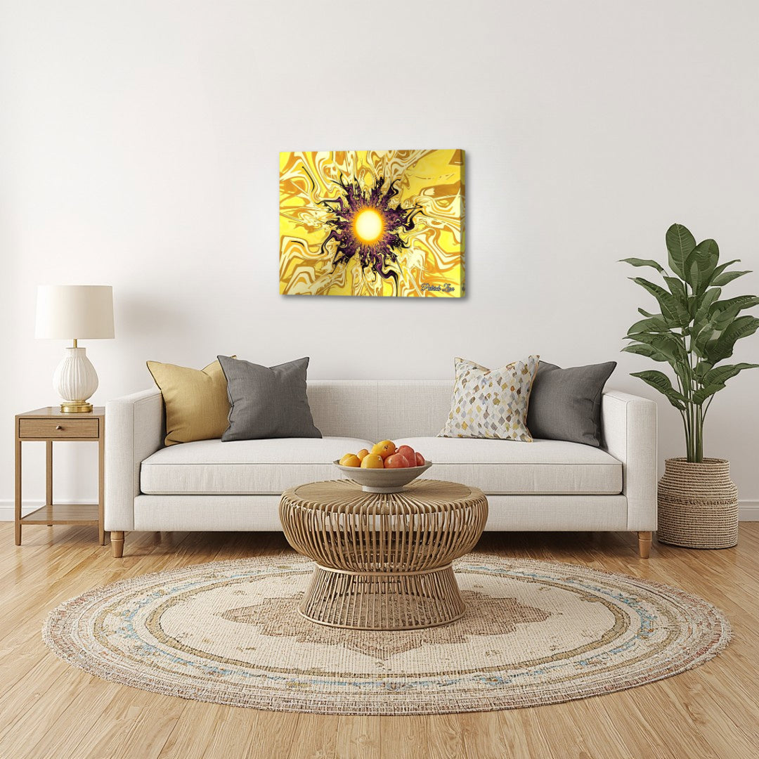Solar Flare Essence – abstract fractal canvas art by Patrick Zion displayed in a bright modern living room, featuring a radiant sun-like core surrounded by dynamic flowing golden patterns, evoking warmth, energy, and the powerful essence of light.