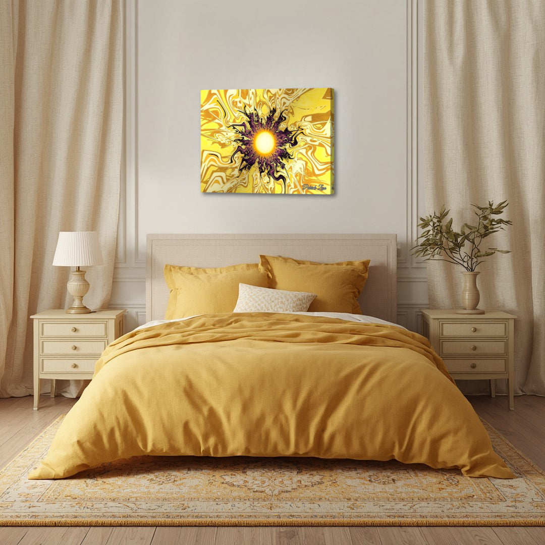 Solar Flare Essence – abstract fractal canvas art by Patrick Zion displayed above a bed in a warm-toned bedroom, featuring a radiant sun-like center surrounded by flowing golden patterns, creating a cozy, uplifting atmosphere that evokes warmth, comfort, and positive energy.