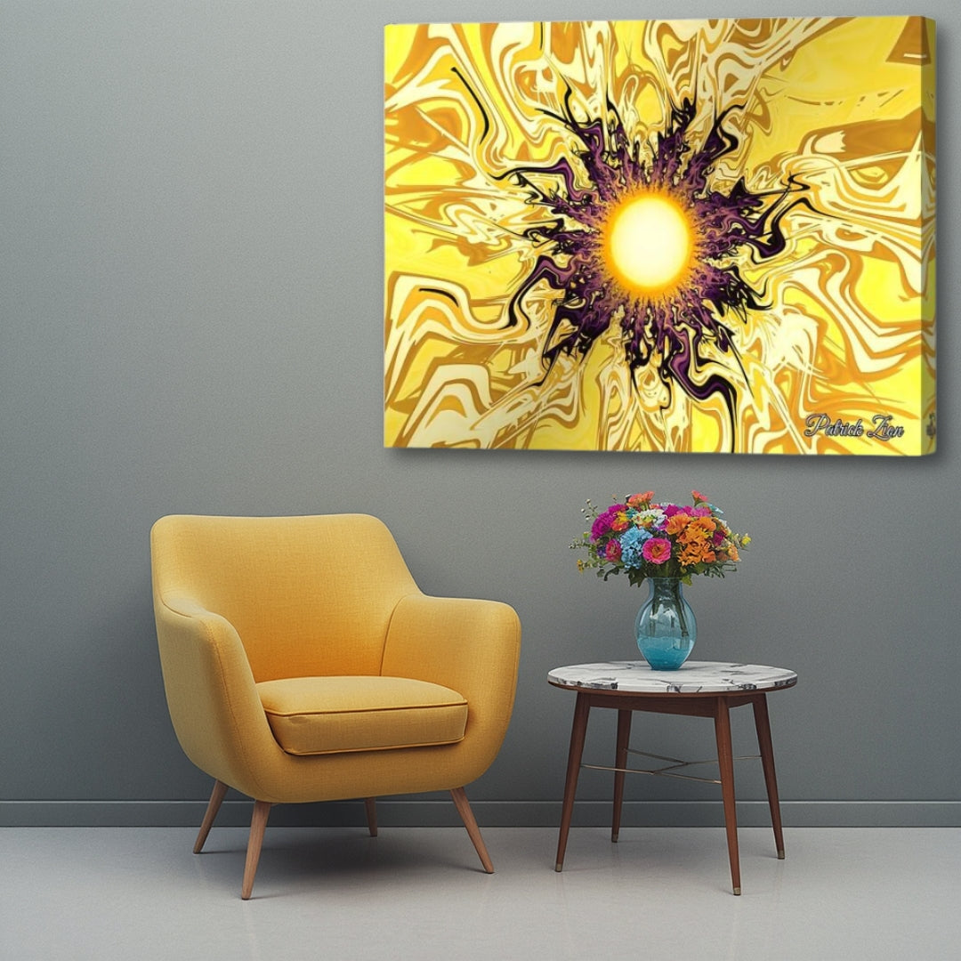 Solar Flare Essence – luminous abstract fractal canvas print by Patrick Zion featured in a modern lounge interior with an up-close presentation, showcasing radiant golden energy waves, flowing solar-inspired forms, and vivid cosmic contrasts.