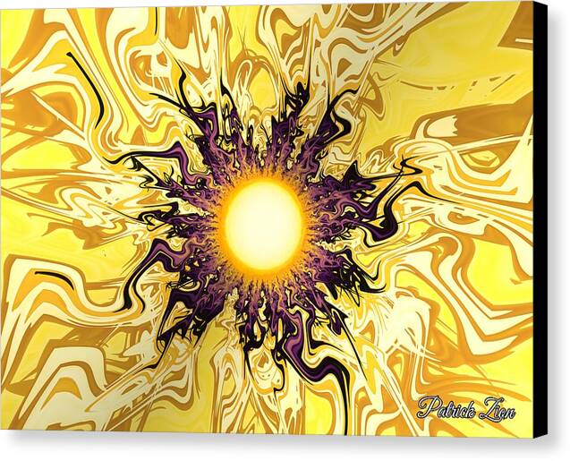 Solar Flare Essence – radiant fractal art by Patrick Zion, black edge version depicting a golden sun bursting with waves of molten light and cosmic energy symbolizing divine creation and vitality.