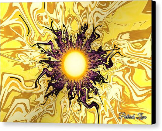 Solar Flare Essence – radiant fractal art by Patrick Zion, black edge version depicting a golden sun bursting with waves of molten light and cosmic energy symbolizing divine creation and vitality.