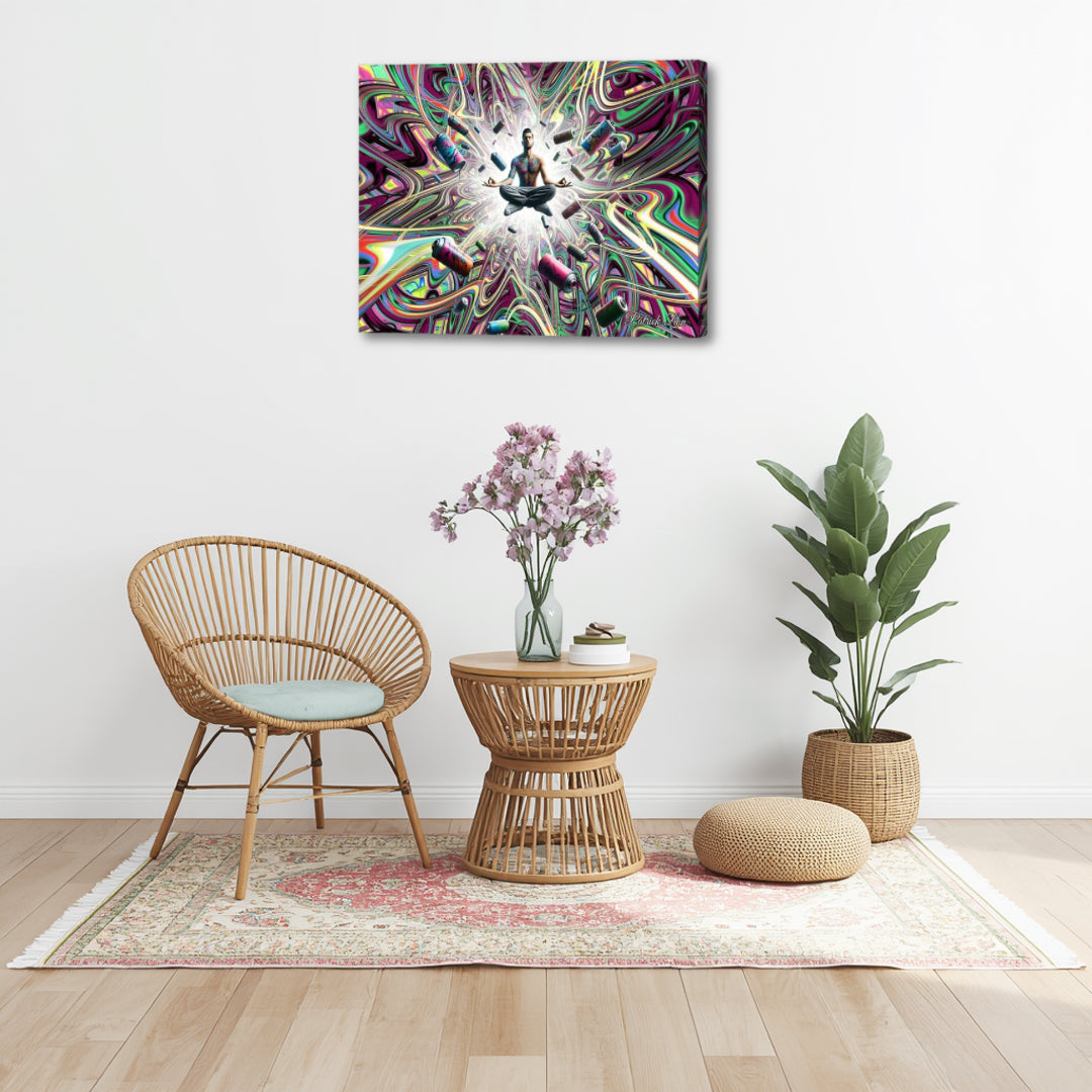 Street Artists Enlightenment artwork by Patrick Zion styled in a boho minimal corner with natural textures, where colorful fractal motion meets a grounded, peaceful interior aesthetic.