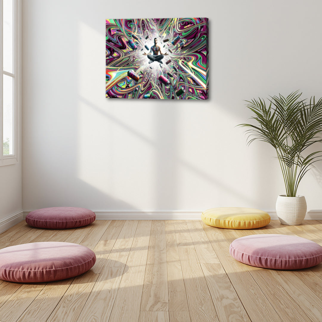 Street Artists Enlightenment by Patrick Zion displayed in a tranquil meditation space, blending urban-inspired symbolism with vibrant fractal energy and a sense of inner awakening.