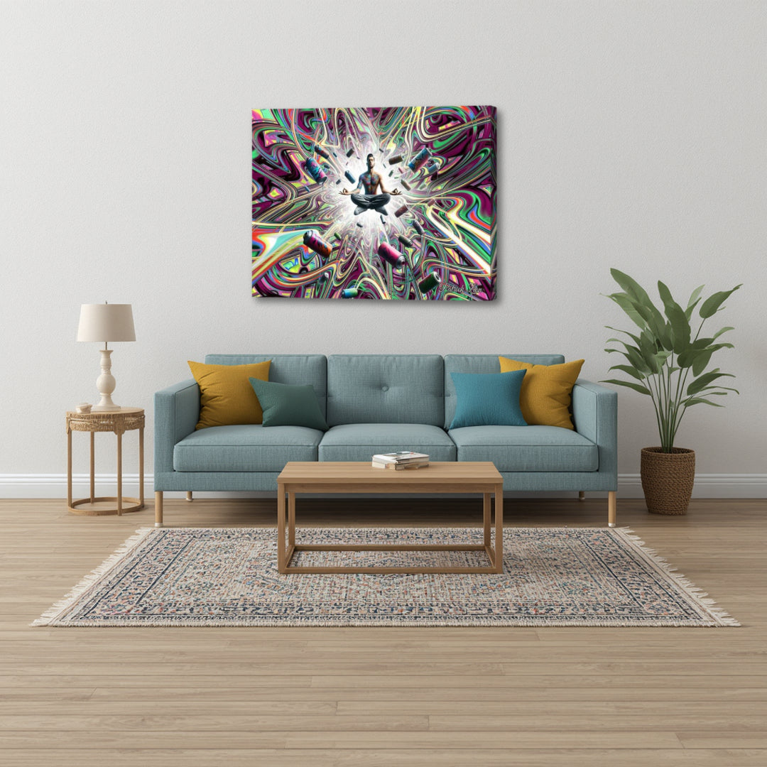 Street Artists Enlightenment by Patrick Zion showcased in a modern living room, where dynamic fractal forms and street-inspired visuals create a bold yet contemplative focal point.