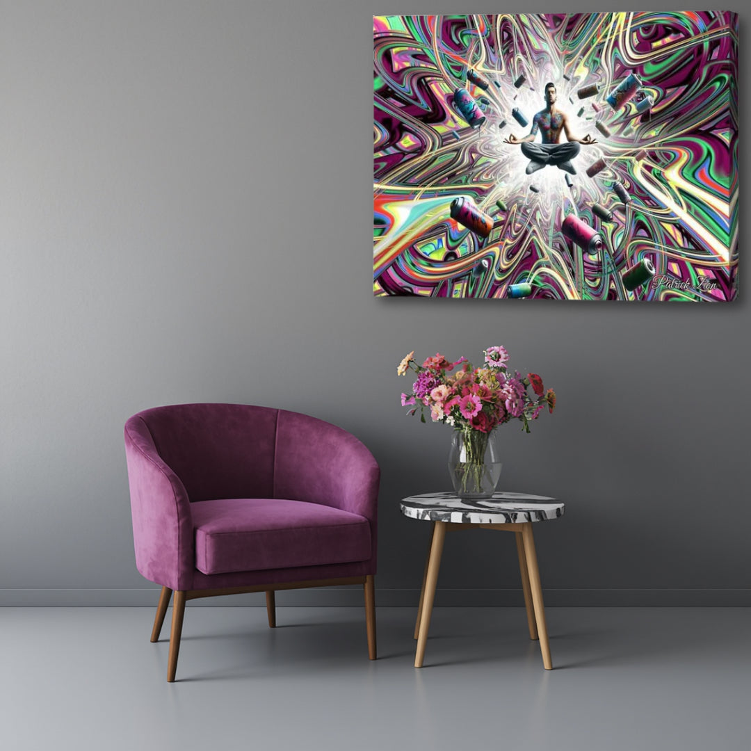 Street Artist’s Enlightenment – visionary psychedelic canvas art by Patrick Zion displayed in a modern interior with an up-close perspective, featuring a levitating meditative figure surrounded by colorful spray paint cans, radiant spiritual energy, and flowing fractal abstractions.