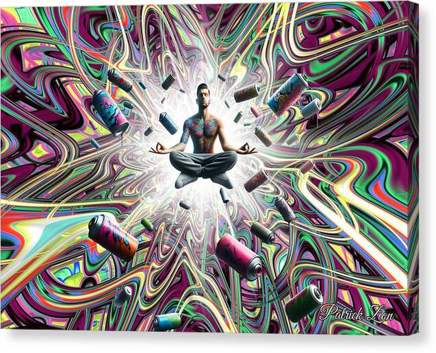 Street Artist’s Enlightenment – abstract fractal canvas art by Patrick Zion, mirrored edge version depicting a meditating street artist surrounded by radiant waves of color symbolizing the transcendence of art, spirit, and self.