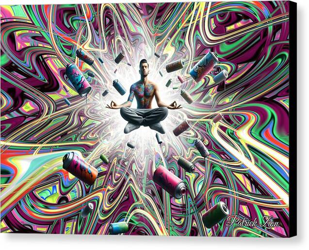 Street Artist’s Enlightenment – visionary fractal art by Patrick Zion, black edge version portraying a meditating figure floating in a burst of color and spray cans, symbolizing the fusion of street culture and spiritual awakening.