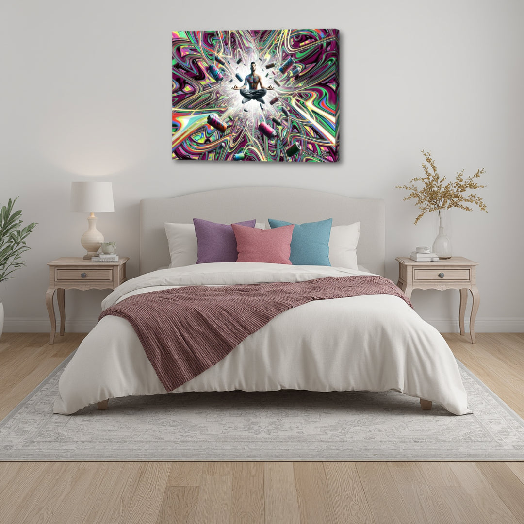 Street Artists Enlightenment by Patrick Zion above a soft-toned bedroom, featuring a meditative figure surrounded by psychedelic fractal patterns that evoke transformation and awareness.