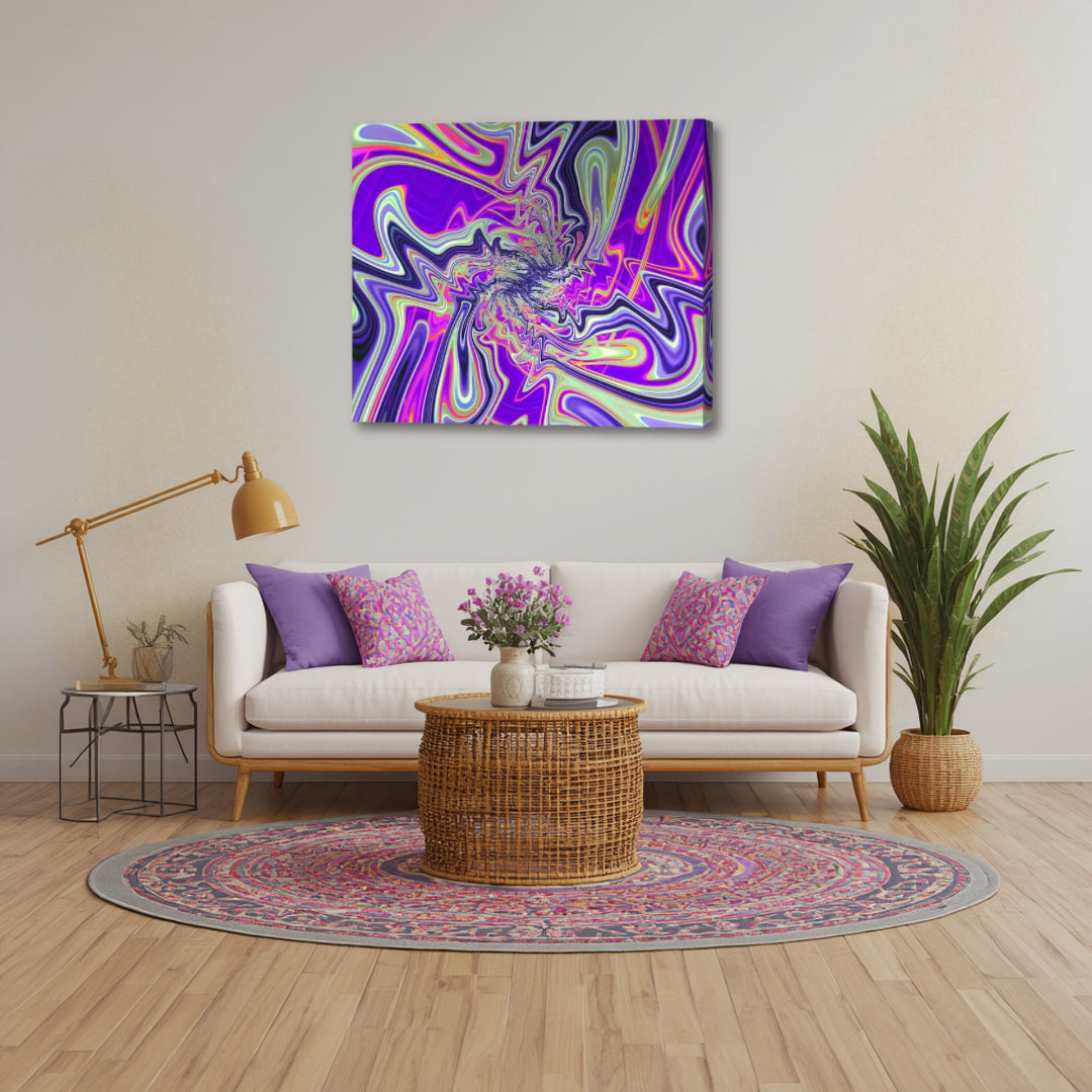 Street Stylez by Patrick Zion displayed in a modern living room, featuring vibrant swirling fractal patterns in bold purple and neon tones with a dynamic, street-inspired energy.