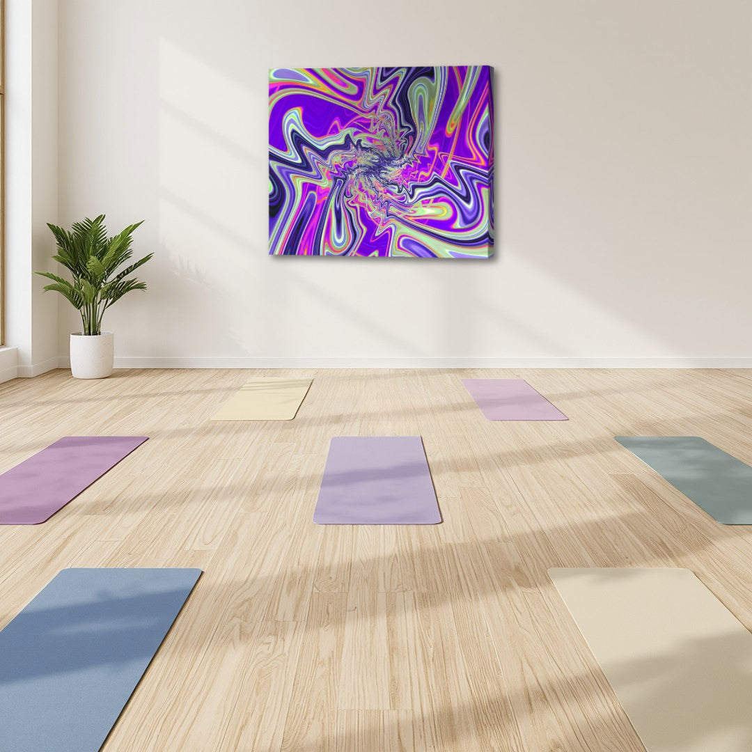Street Stylez by Patrick Zion displayed in a bright yoga studio, featuring flowing psychedelic fractal forms in vibrant hues that create a sense of movement and energetic focus.