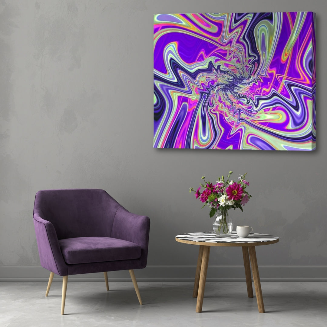 Street Stylez – vibrant psychedelic fractal canvas artwork by Patrick Zion displayed in a modern lounge with an up-close perspective, featuring flowing neon wave patterns, urban-inspired abstract energy, and colorful multidimensional swirls in electric purple, pink, and lime green tones.