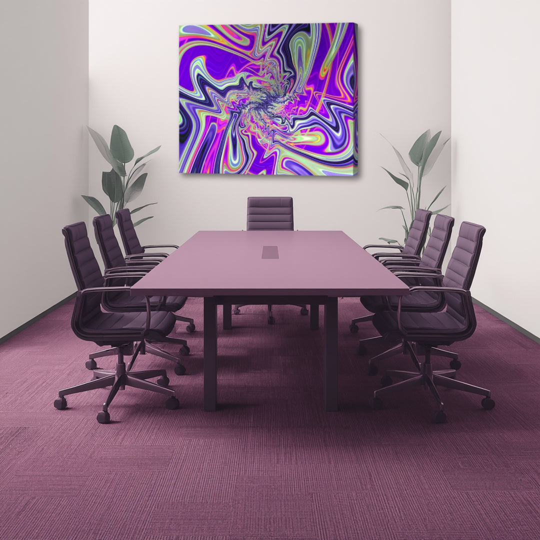 Street Stylez canvas wall art by Patrick Zion displayed in a modern conference room. The artwork features bold flowing waves of electric purple, violet, silver, pink, and lime green twisting through an energetic abstract fractal composition. The dynamic design evokes urban creativity, self-expression, movement, individuality, and the vibrant spirit of contemporary street culture.