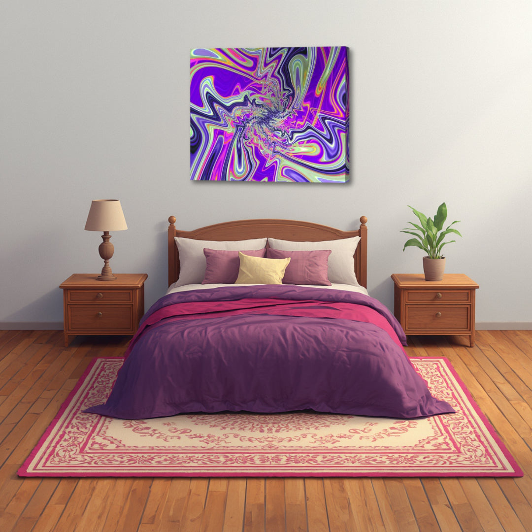 Street Stylez artwork by Patrick Zion above a stylish bedroom, showcasing a vivid abstract fractal swirl in electric colors that brings a modern and expressive atmosphere.