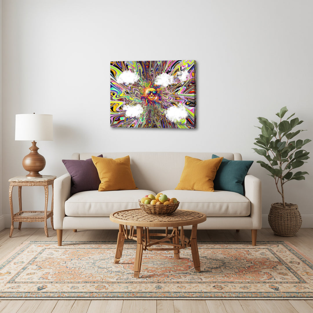 Summer Vibes – expressive psychedelic wall art by Patrick Zion featured in a stylish living area, with a bright smiling sun and energetic flowing lines adding a playful and lively focal point.

