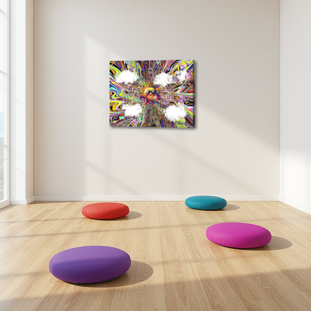 Summer Vibes – bright and energetic fractal artwork by Patrick Zion shown in a minimalist meditation setting, featuring a glowing sun and fluid rainbow patterns that inspire joy, freedom, and creative flow.