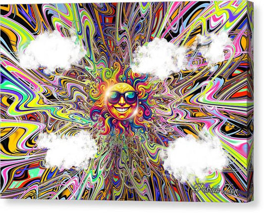 Summer Vibes – visionary psychedelic canvas print by Patrick Zion, mirrored edge version with a radiant smiling sun bursting through colorful fractal skies symbolizing warmth, joy, and freedom.