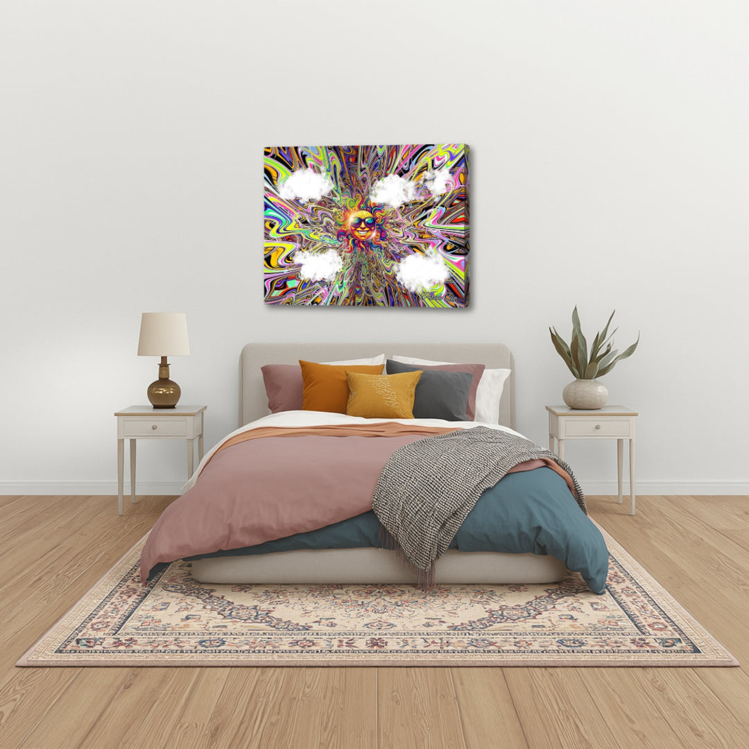 Summer Vibes – vivid contemporary canvas by Patrick Zion displayed in a soft-toned bedroom, highlighting a radiant sun figure emerging from colorful abstract motion, creating a fresh and uplifting mood.
