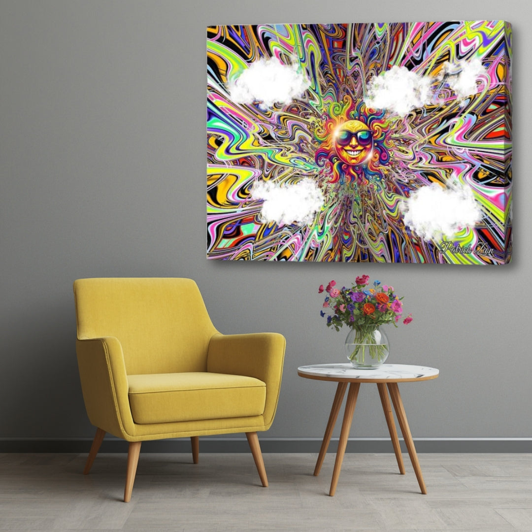 Summer Vibes – vibrant psychedelic canvas artwork by Patrick Zion displayed in a stylish living room with a close-up view, featuring radiant rainbow fractal patterns, surreal sun imagery, and energetic flowing shapes inspired by summer positivity.