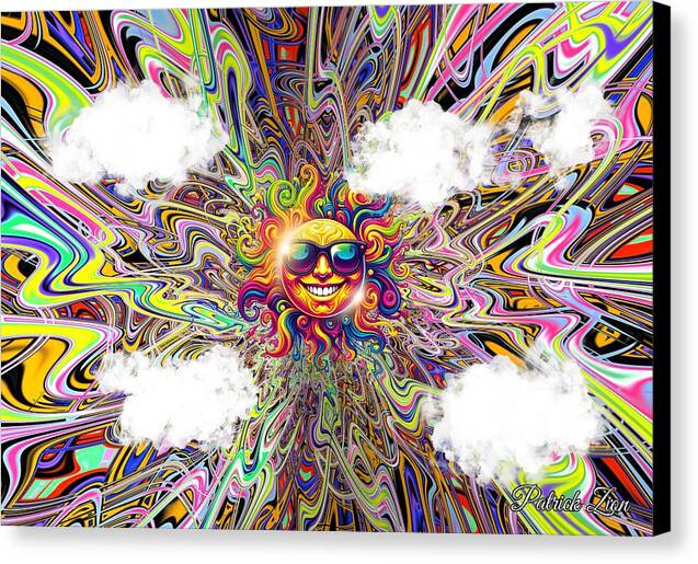 Summer Vibes – psychedelic abstract art by Patrick Zion, black edge version featuring a smiling sun with sunglasses radiating colorful fractal waves and joyful cosmic energy.