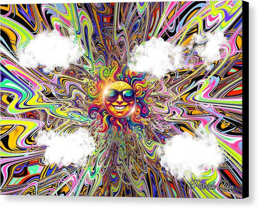 Summer Vibes – psychedelic abstract art by Patrick Zion, black edge version featuring a smiling sun with sunglasses radiating colorful fractal waves and joyful cosmic energy.