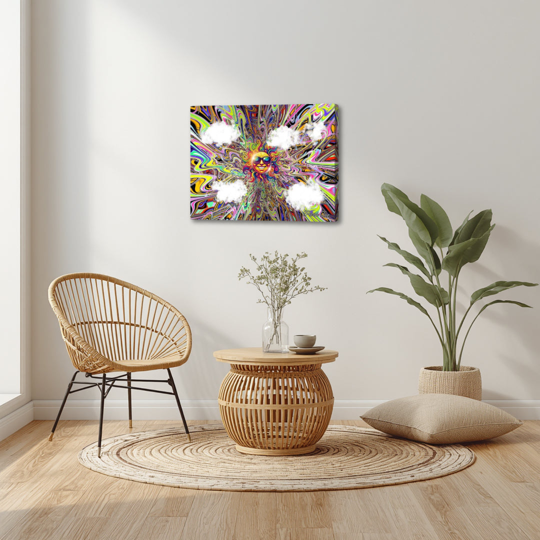 Summer Vibes – psychedelic fractal canvas art by Patrick Zion displayed in a bright modern interior, featuring a radiant sun-like face at the center of vibrant swirling patterns and soft cloud forms, evoking warmth, joy, and the uplifting energy of summer.