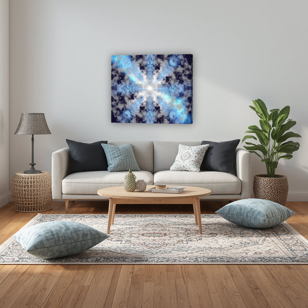Supernova – abstract spiritual fractal canvas art by Patrick Zion in a contemporary living room, depicting a radiant center expanding through layered blue and white fractal formations, symbolizing transformation and universal flow.
