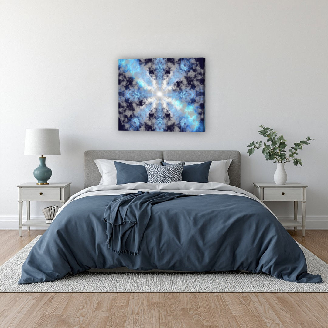 Supernova – blue fractal canvas wall art by Patrick Zion above a modern bedroom, featuring a glowing central burst surrounded by soft cloud-like structures, evoking calm, depth, and infinite space.