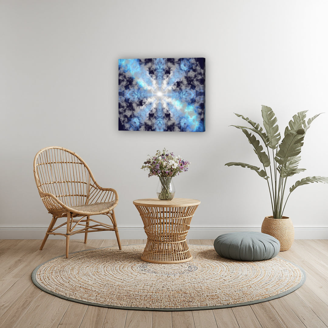 Supernova – cosmic fractal canvas art by Patrick Zion displayed in a boho-style interior, featuring a radiant central light surrounded by blue and white cloud-like fractal patterns, symbolizing expansion, clarity, and universal energy.