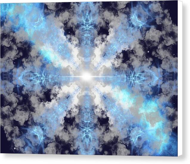 Supernova – mystical fractal canvas print by Patrick Zion, white edge version depicting a luminous burst of blue and white energy expanding through celestial clouds.