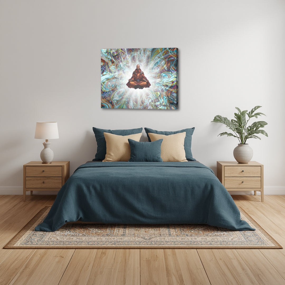 The Avatar – contemporary spiritual canvas by Patrick Zion placed above a neatly styled bed, illustrating a serene levitating figure within radiant abstract energy, creating a calm and balanced ambiance.
