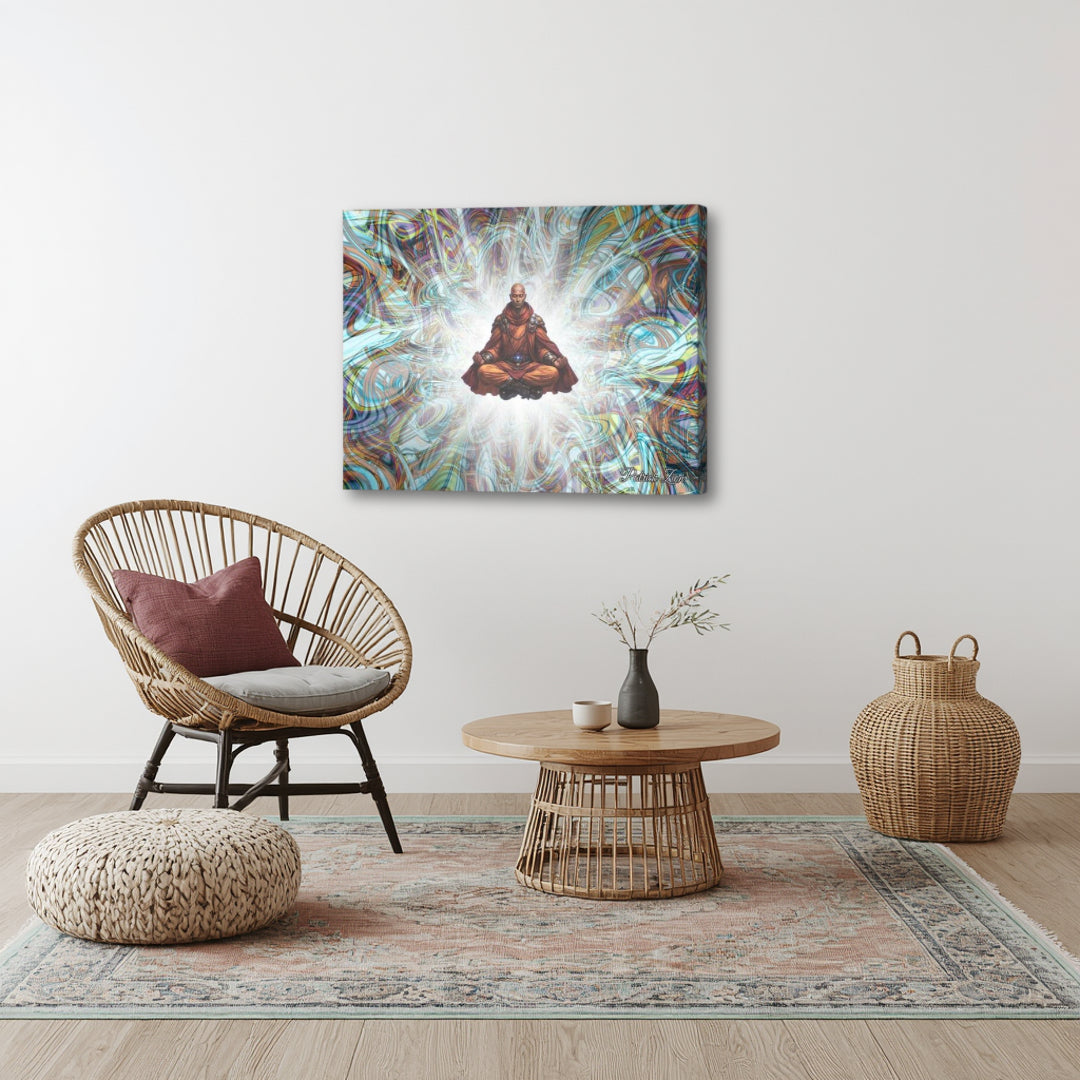 The Avatar – visionary abstract artwork by Patrick Zion shown in a minimalist boho interior, depicting a calm meditative figure within luminous layered textures, bringing a grounded yet elevated atmosphere.