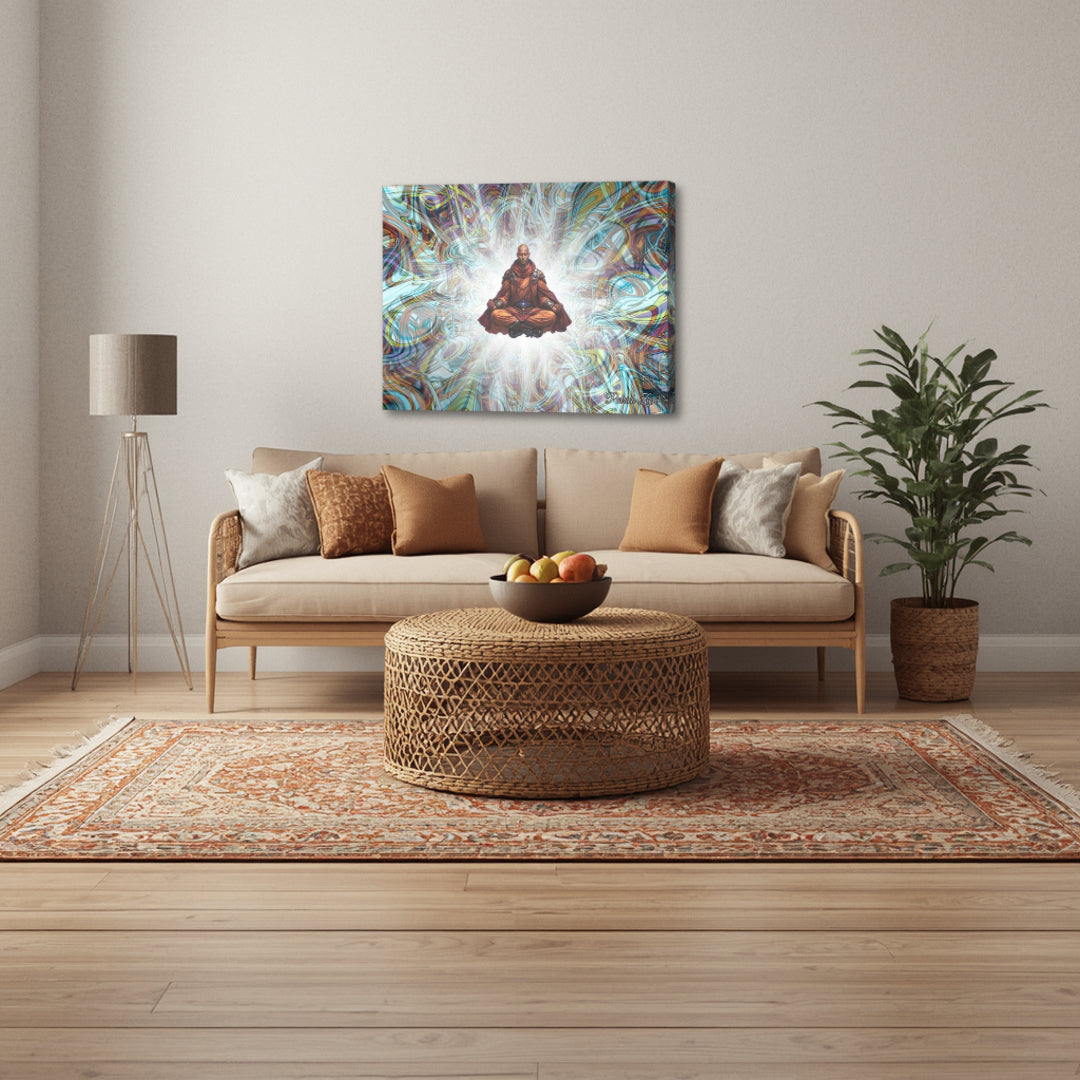 The Avatar – expressive psychedelic wall art by Patrick Zion featured in a modern living room, with a centered floating figure surrounded by vibrant fractal motion, adding depth and a sense of conscious presence.