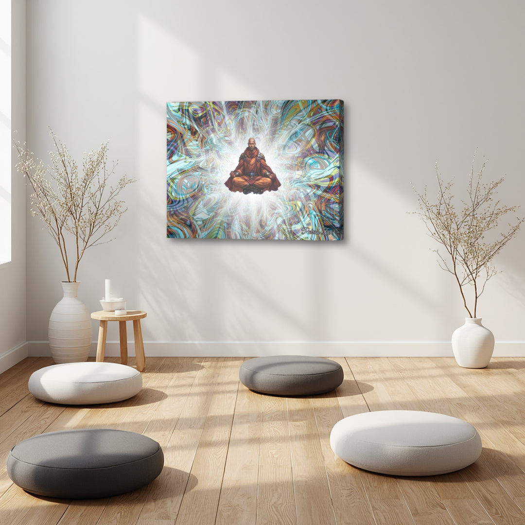 The Avatar – spiritual fractal canvas by Patrick Zion displayed in a serene meditation space, featuring a levitating figure centered in radiant light and surrounded by intricate flowing patterns, evoking presence and inner alignment.
