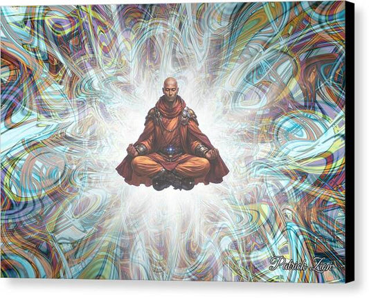 The Avatara – spiritual fractal meditation artwork by Patrick Zion, black edge canvas print showing a calm levitating figure within radiant psychedelic fractal energy.