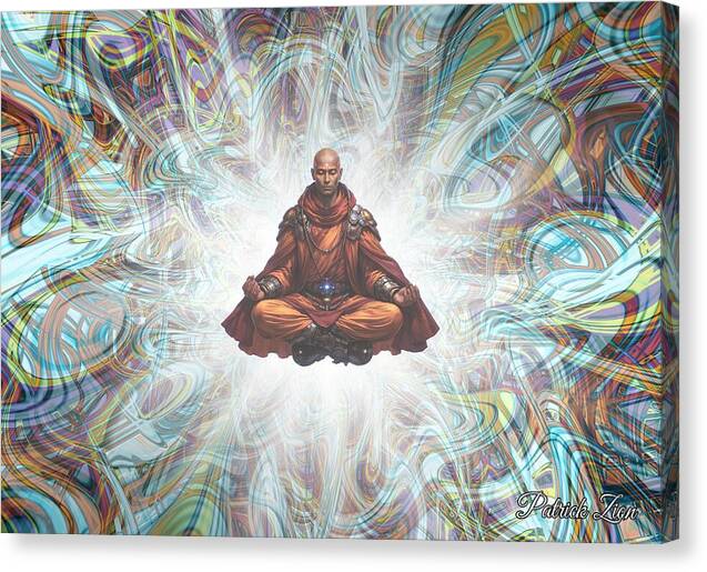 The Avatara – spiritual fractal canvas art by Patrick Zion, mirrored edge version depicting a levitating meditative figure surrounded by luminous flowing fractal light and sacred geometry patterns.