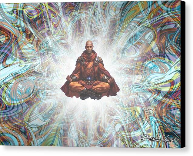 The Avatara – spiritual fractal meditation artwork by Patrick Zion, black edge canvas print showing a calm levitating figure within radiant psychedelic fractal energy.