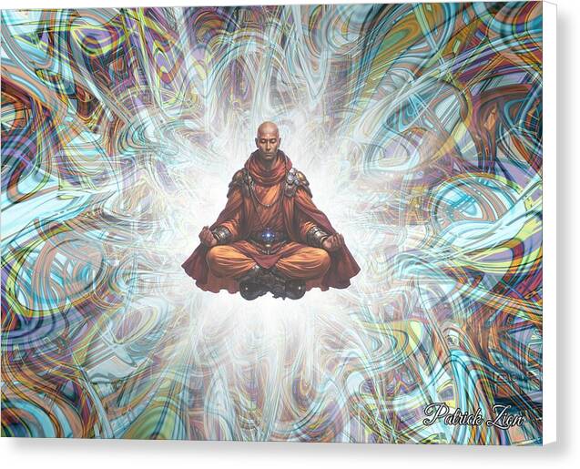 The Avatara – mystical spiritual fractal art canvas by Patrick Zion, white edge version featuring a meditative figure floating in vibrant abstract fractal patterns.